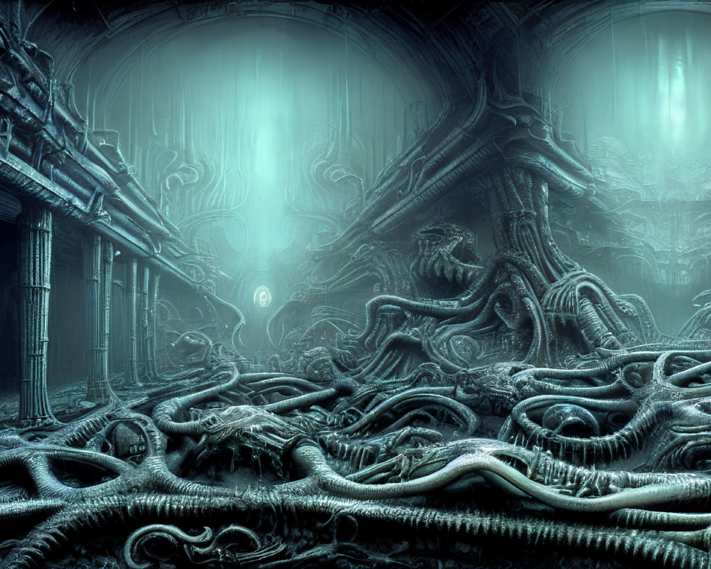 Blue-Tinted Alien Interior with Intricate Walls and Tentacle-Like Structures