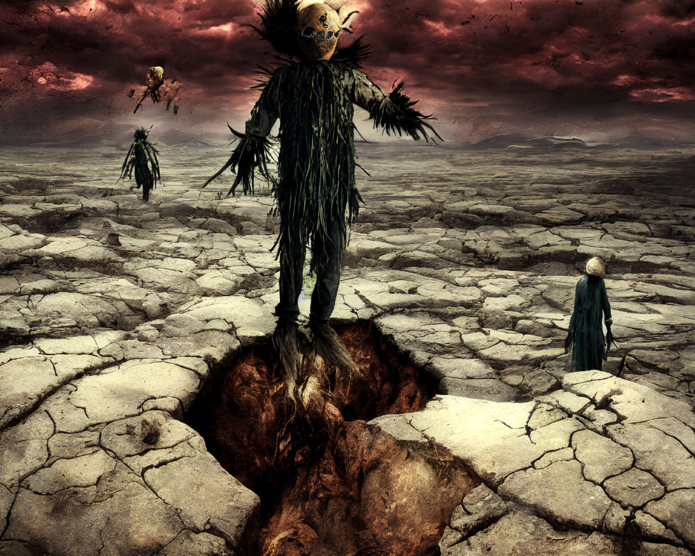 Desolate landscape with cracked earth, scarecrows, and red clouds