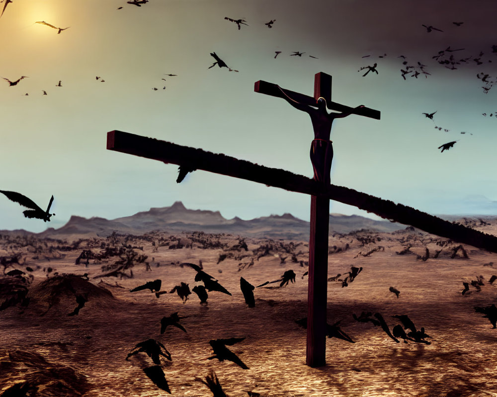 Crucifix in desolate landscape at dusk with birds and mountain silhouettes