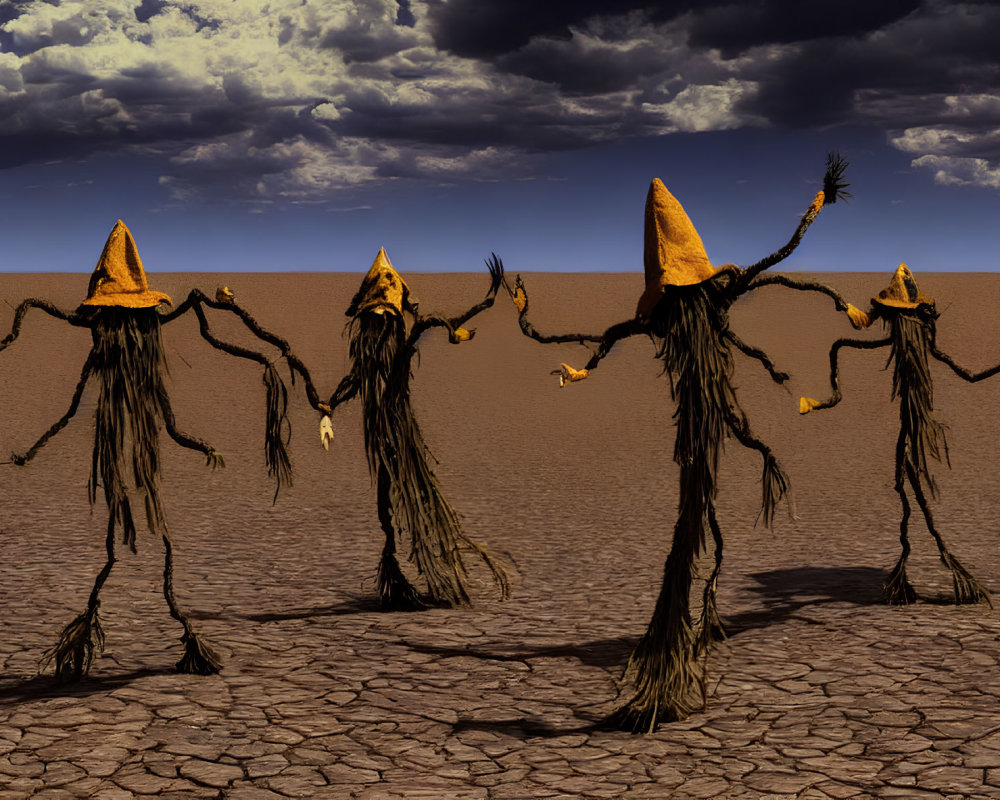 Anthropomorphic Tree Figures in Desert Landscape with Pointed Hats