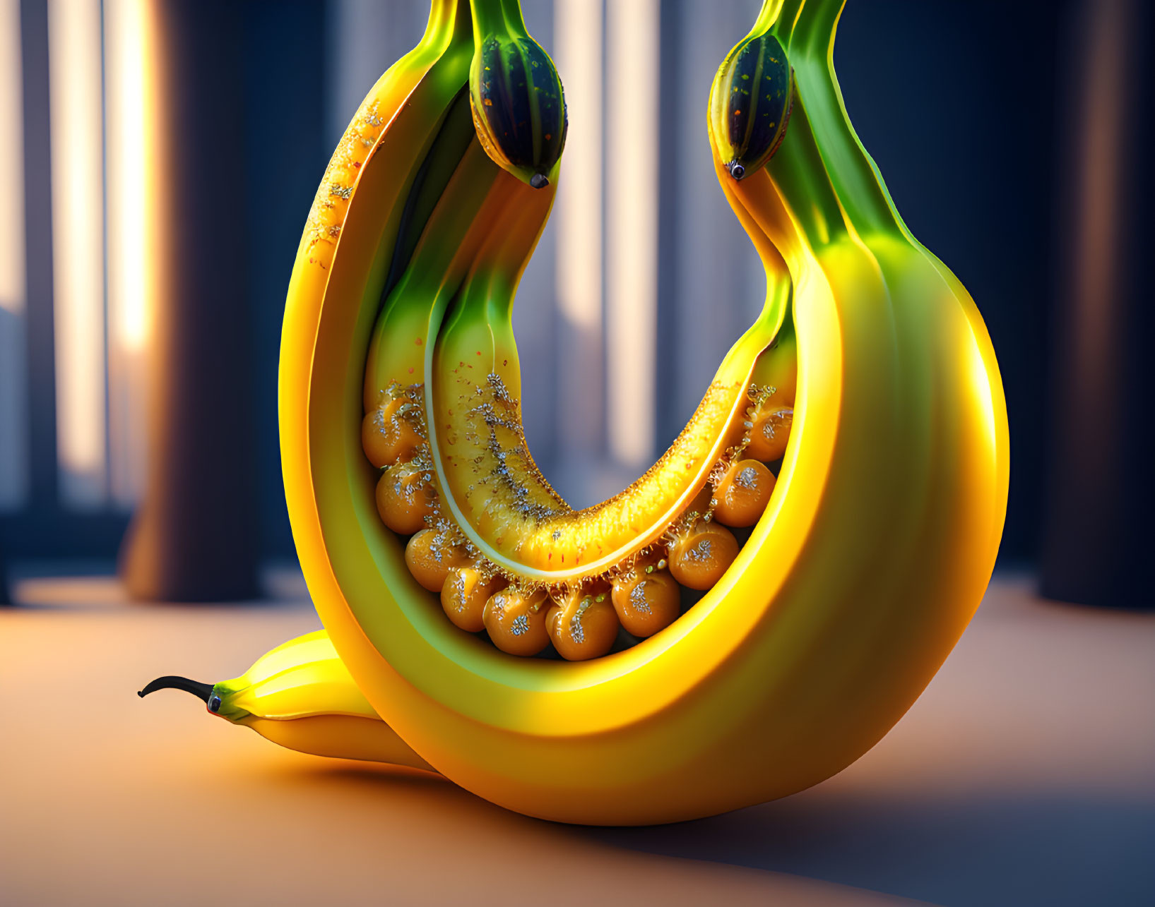 Surreal image: Bananas transforming into liquid in a room with vertical lighting