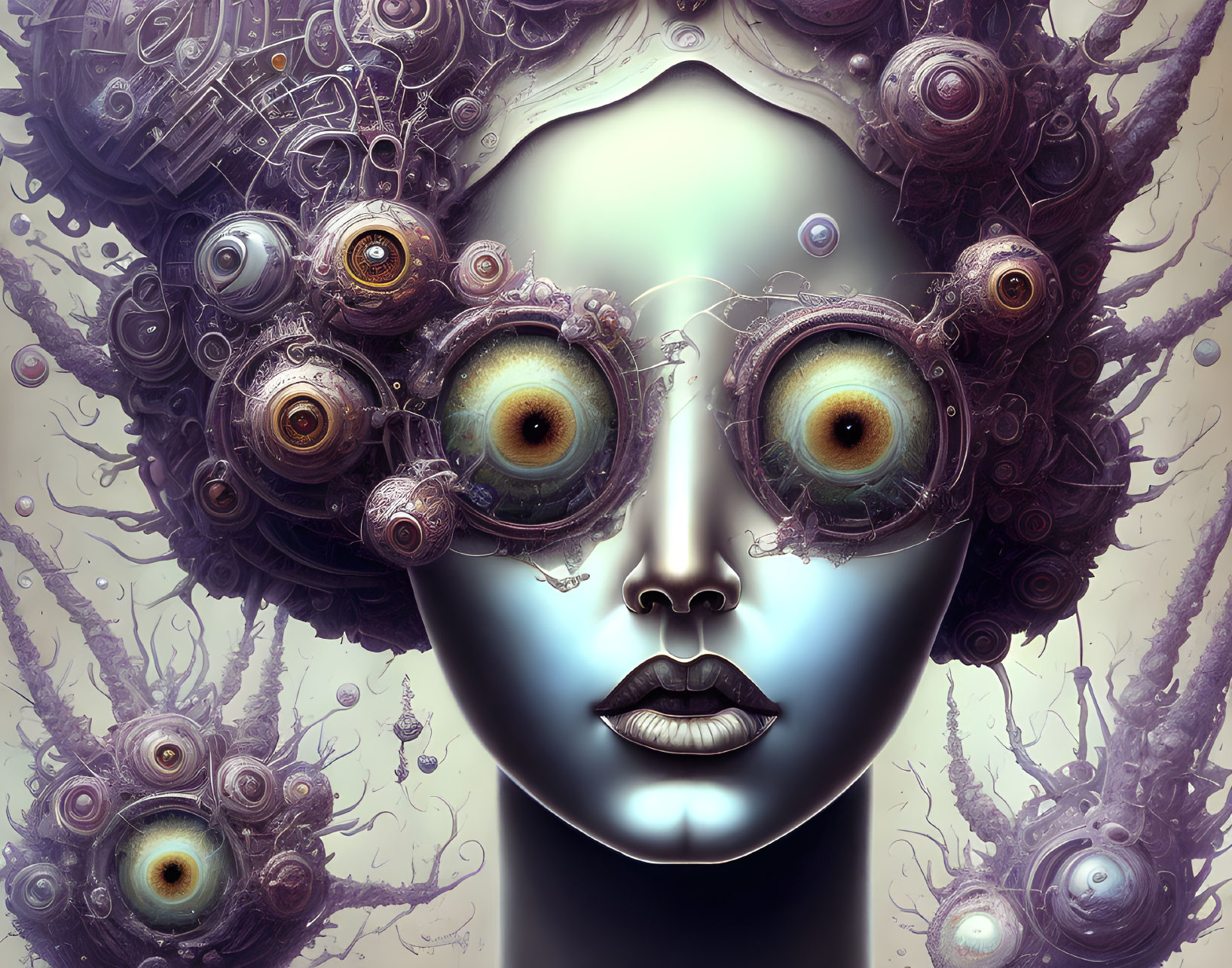 Surreal portrait: being with multiple yellow eyes and mechanical parts in head