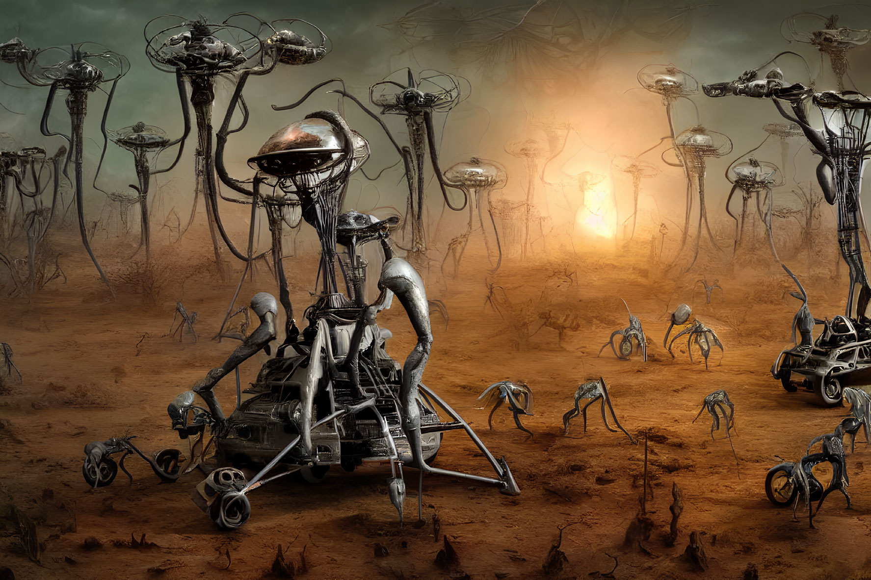 Desolate landscape with surreal mechanical creatures and structures under ominous sky