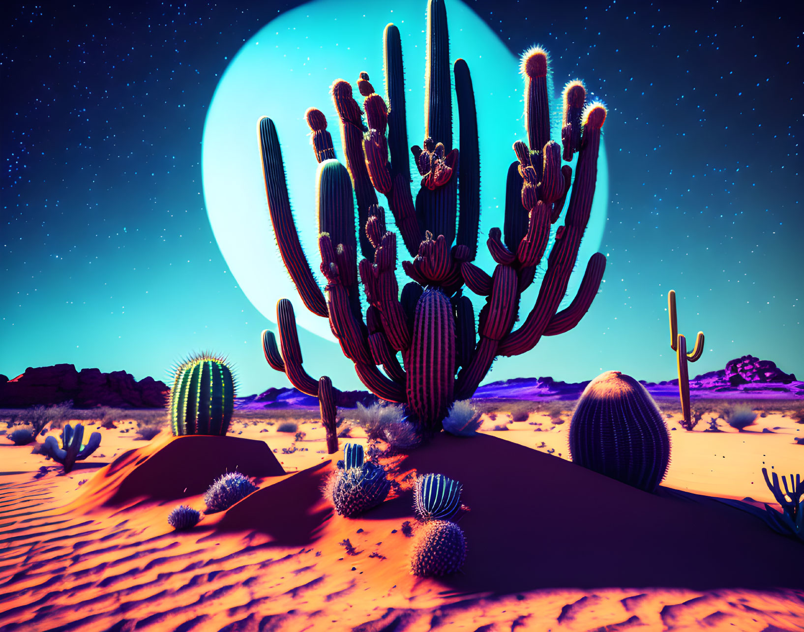 Surreal desert landscape with cacti and luminous moon