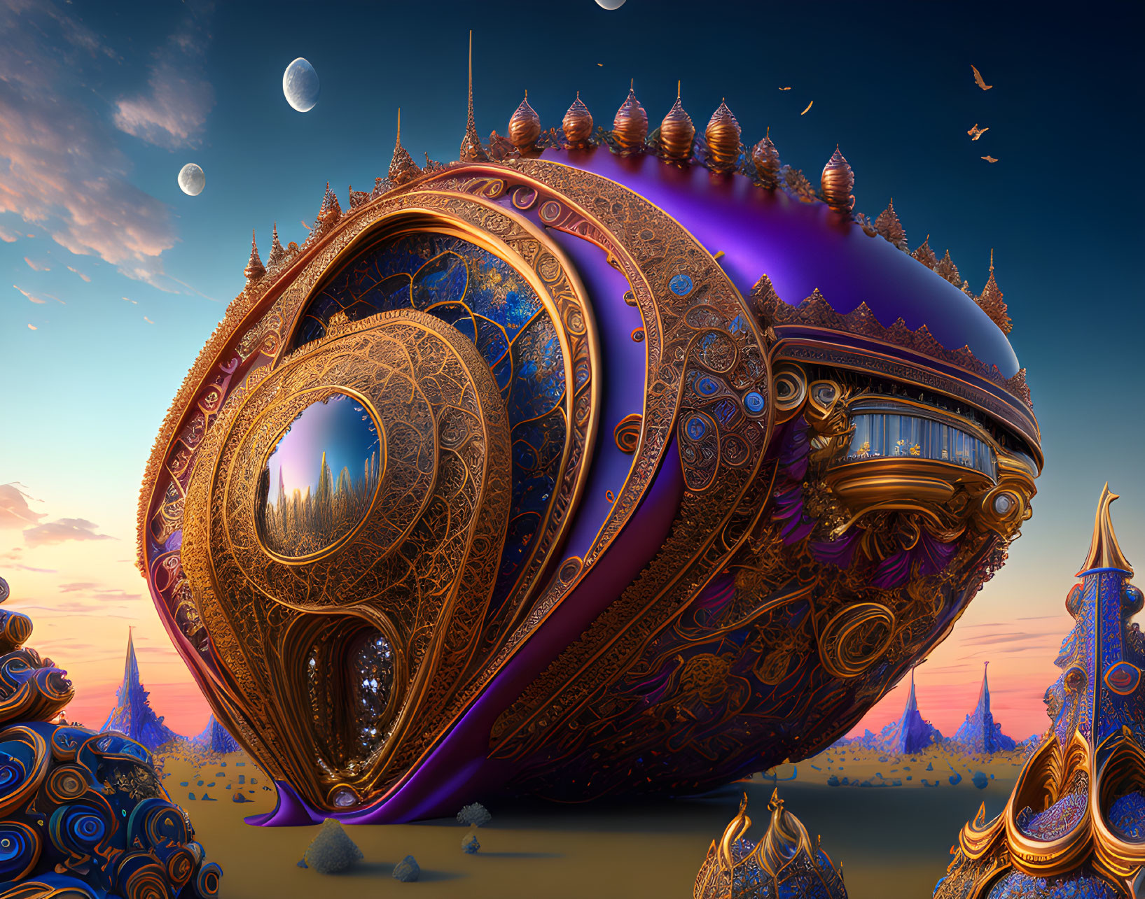 Fantastical ornate airship in a sky with multiple moons
