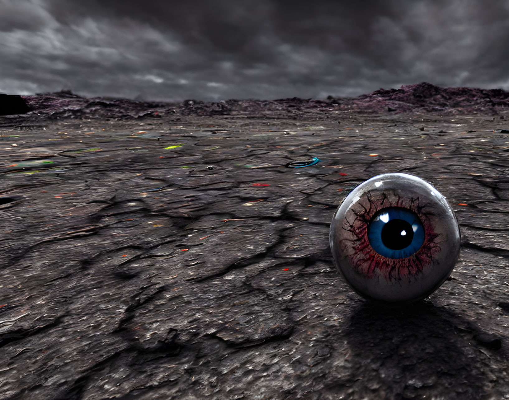 Detailed surreal image: giant eyeball on cracked barren landscape under dark sky