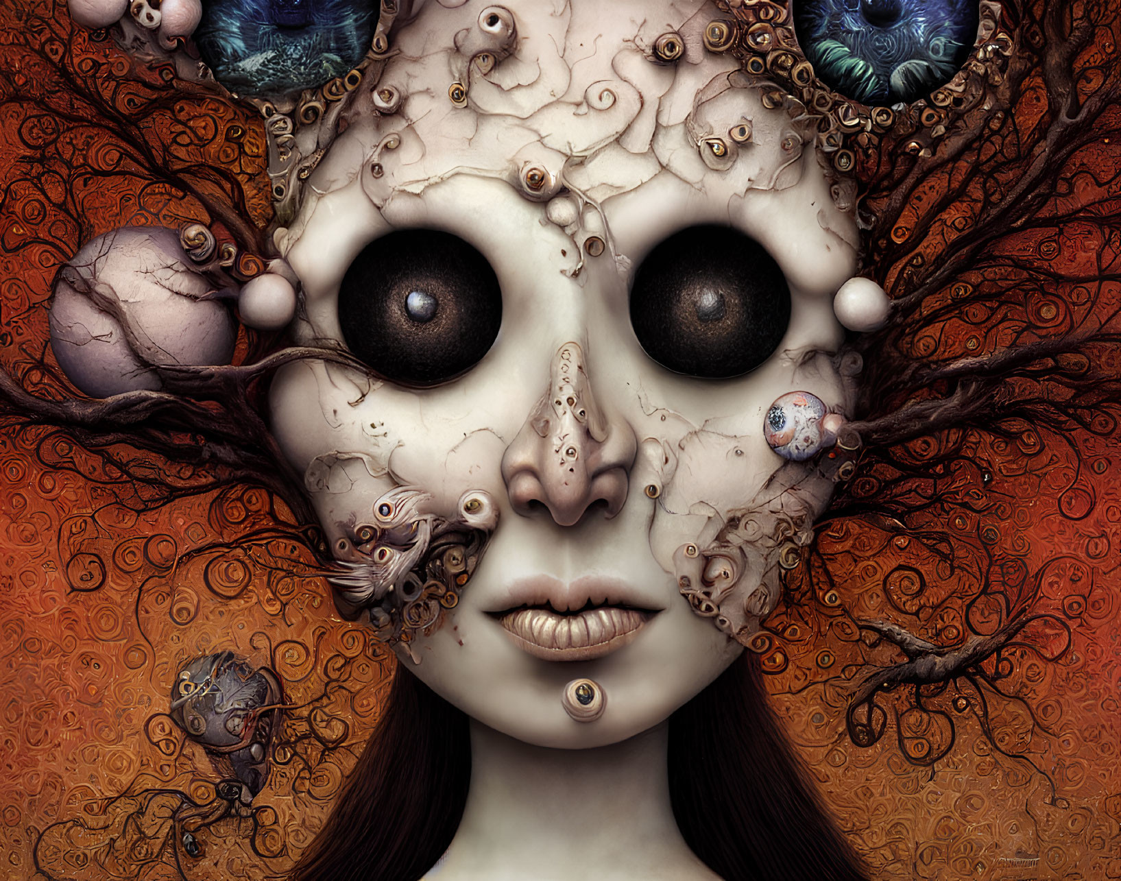 Surreal portrait with large eyes and swirling patterns for a mystical effect