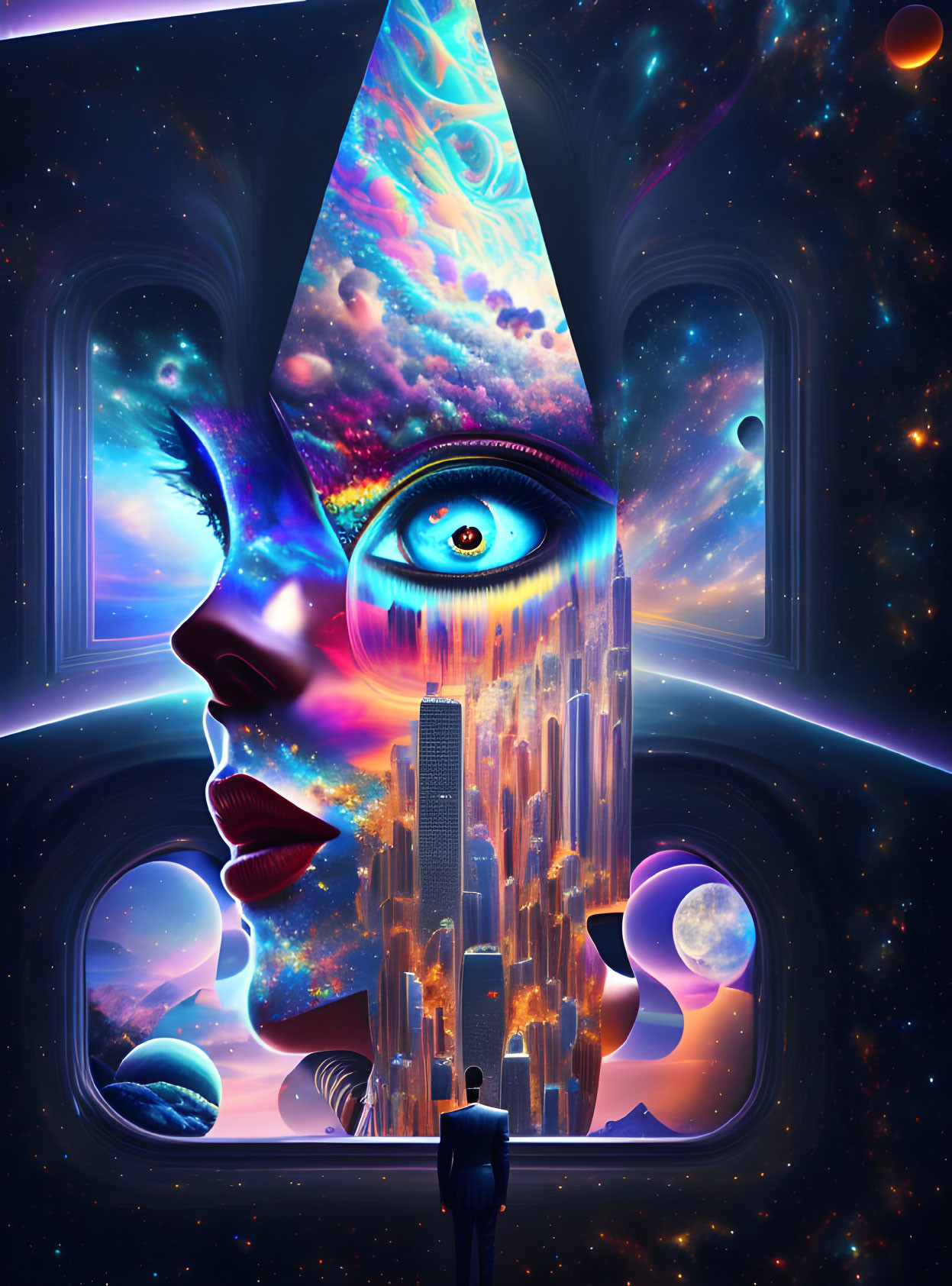Cosmic surreal artwork: human silhouette, cityscape, giant celestial face, stars & planets