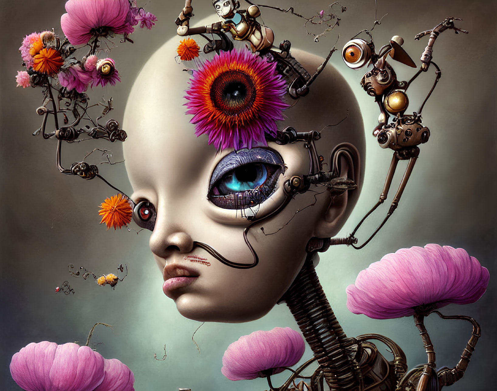 Surreal artwork: bald robotic humanoid head with vibrant flowers and blue eye