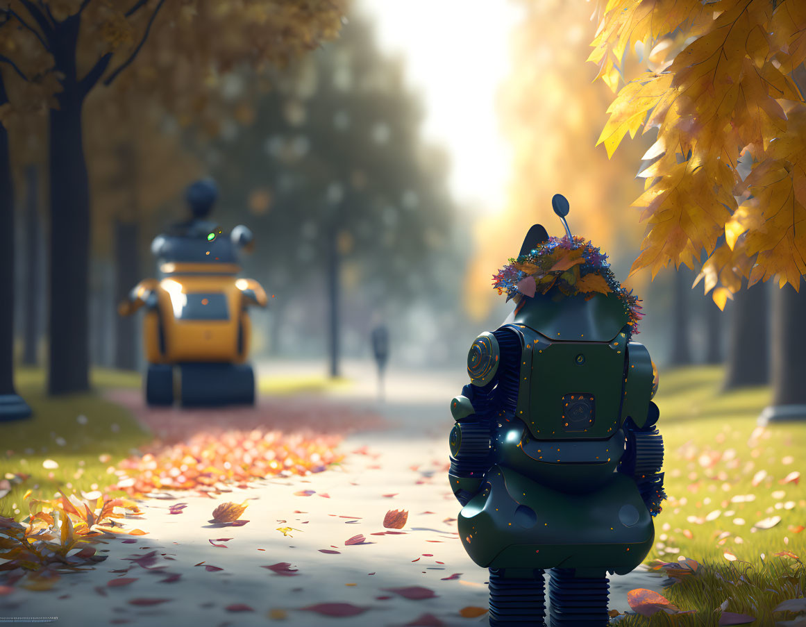 humanoid robot sweeping up fallen leaves