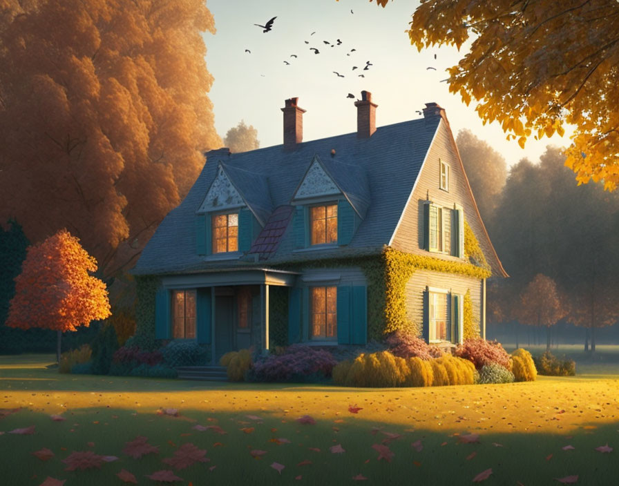 Country house, autumn, setting sun, trees and bird