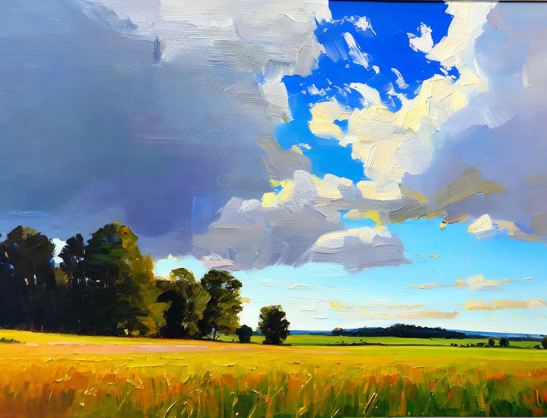 Vibrant landscape with blue skies, fluffy clouds, trees, and golden field