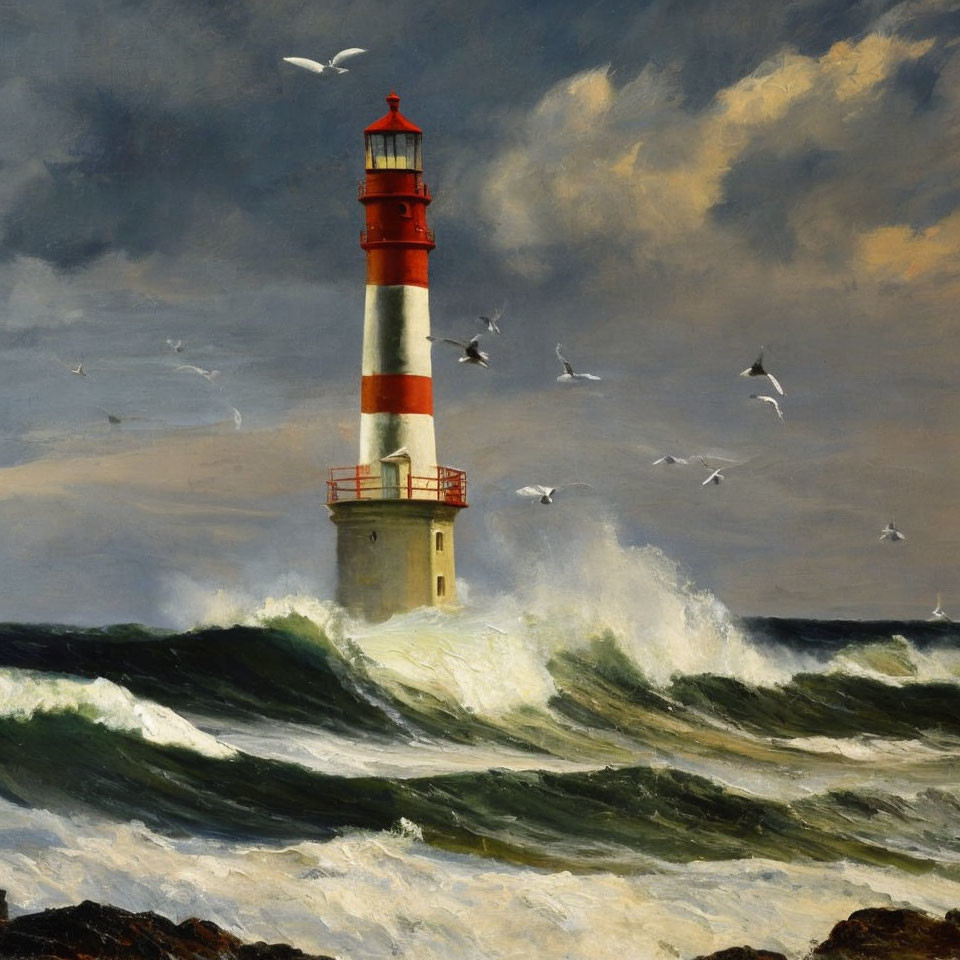 Red and white lighthouse in stormy seas with seagulls - dramatic painting