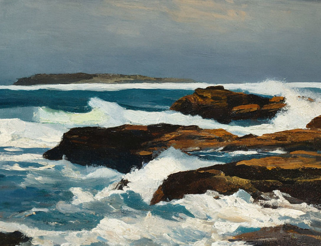 Rocky Shoreline Painting with White Waves and Blue Ocean