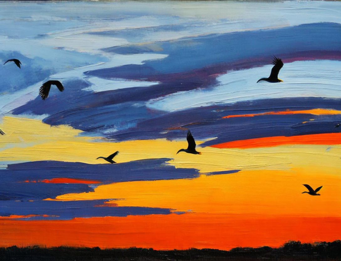 Vibrant Sunset Painting with Birds Silhouettes