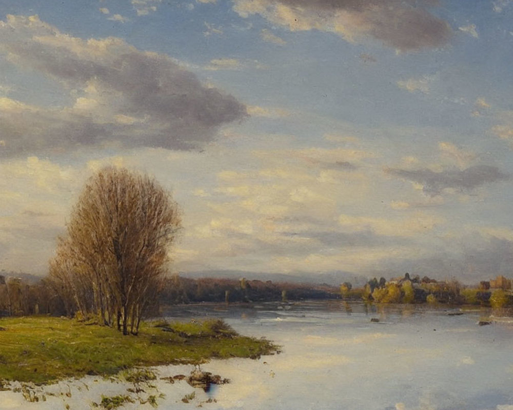 Tranquil landscape painting of reflective water, trees, and sky