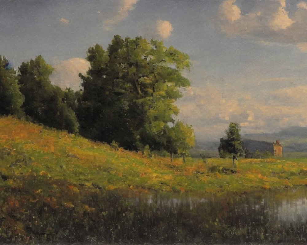 Tranquil landscape painting of lush hill, figure, water body, and soft sky