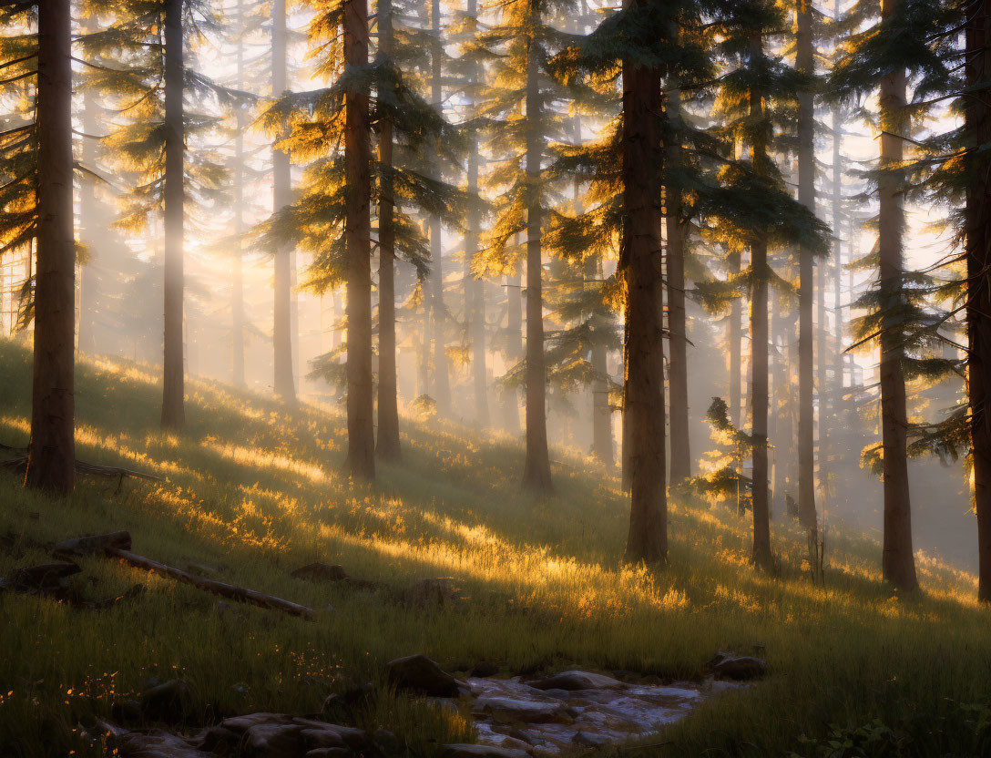 Forest sunlight illuminating mist on tall pine trees and grass near a stream