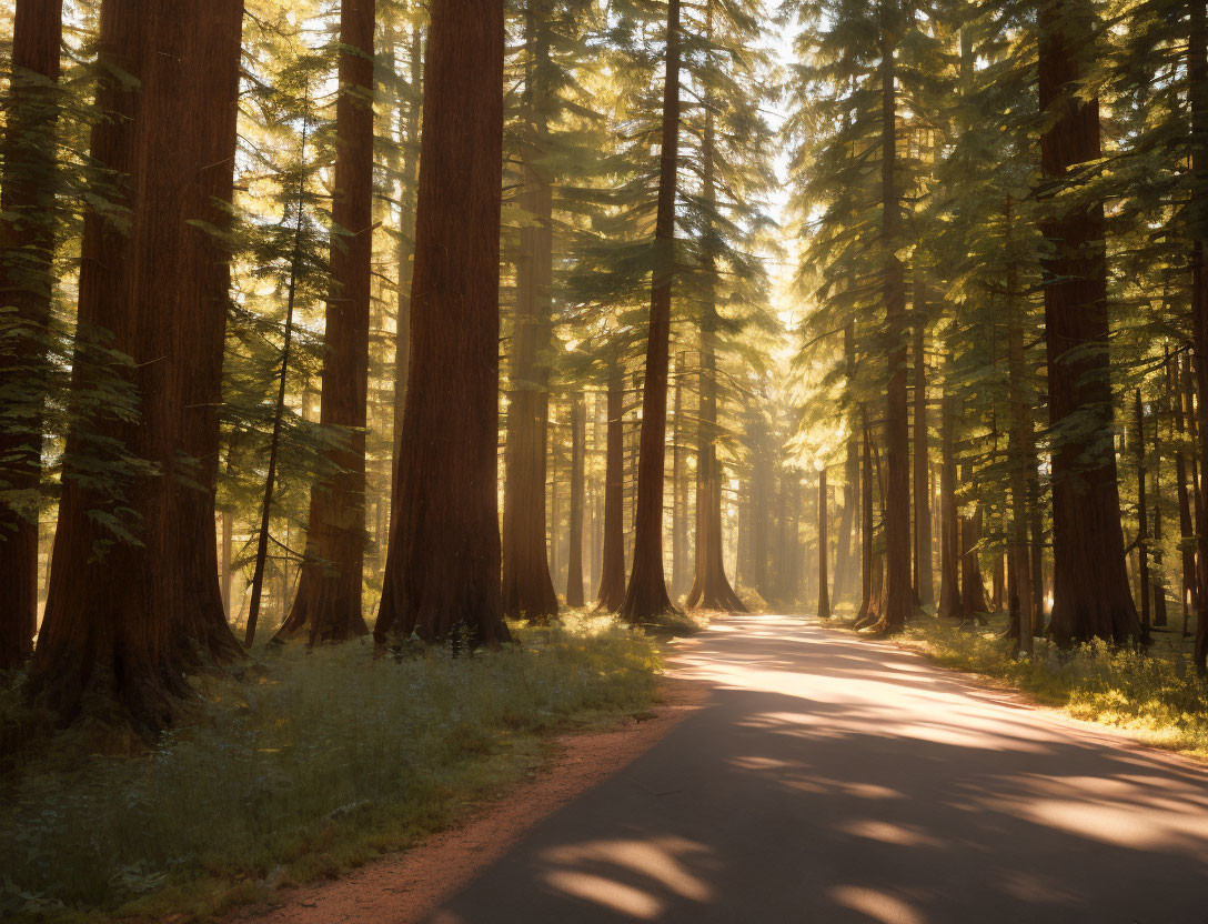 Tranquil Forest Path with Towering Redwood Trees at Golden Hour