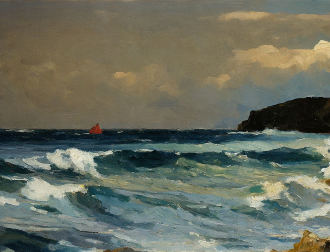 Turbulent sea with red sailboat, cloudy sky, and dark headland