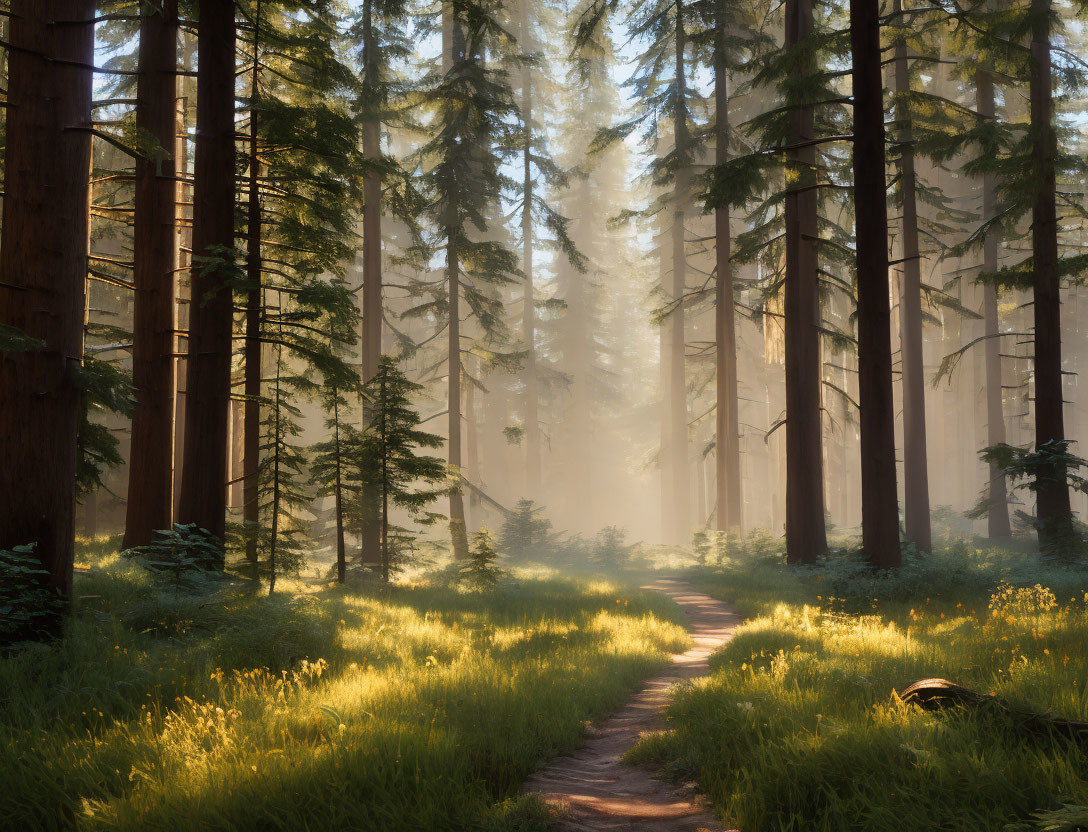 Tranquil Forest Pathway with Tall Trees and Misty Atmosphere