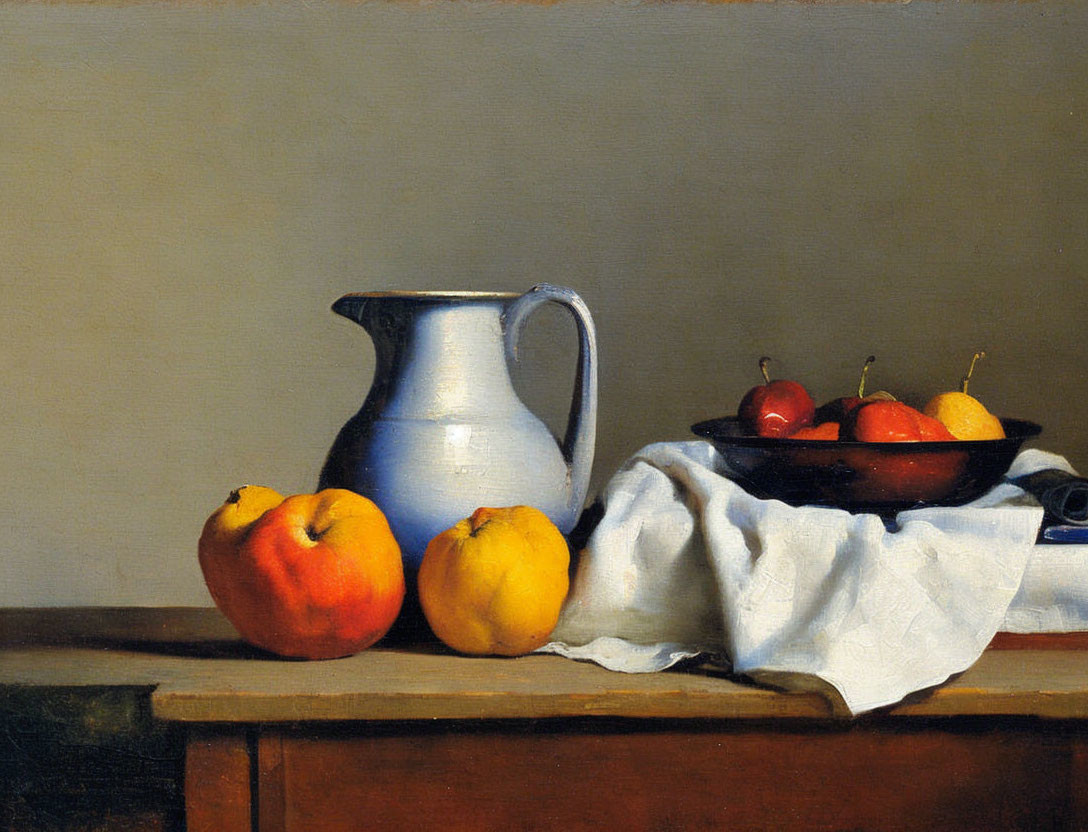 Classic Still Life Painting with White Pitcher, Fruit Bowl, and Peaches on Table