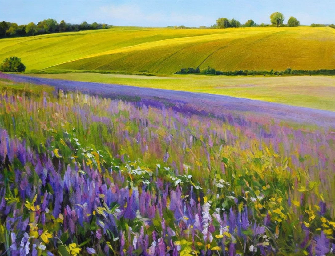 Colorful landscape painting of rolling green fields and purple wildflowers under a blue sky