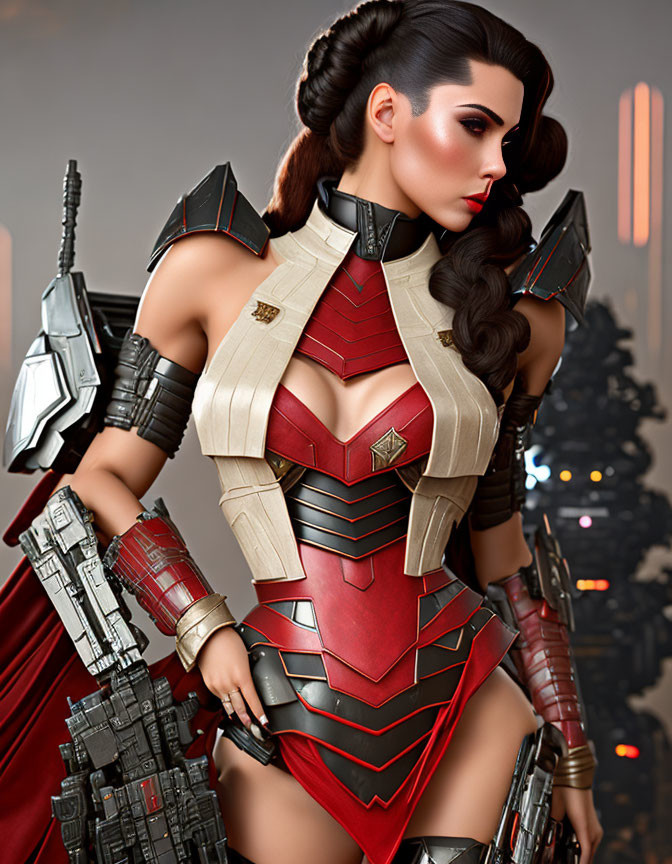 Futuristic woman in red and white armor costume with elegant styling