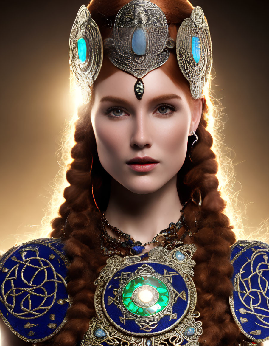 Braided hair with decorative headpiece and gemstone shoulder armor