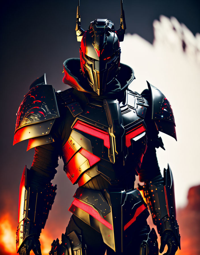 Futuristic knight in black-and-red armor against fiery backdrop