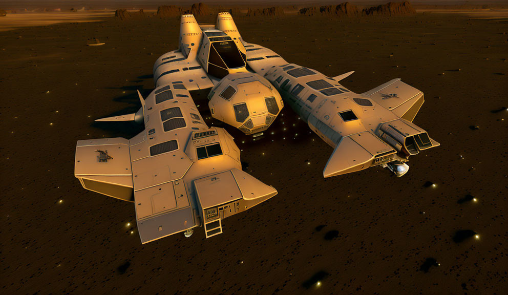 Futuristic spaceships on barren Mars-like terrain with rocks and dust.