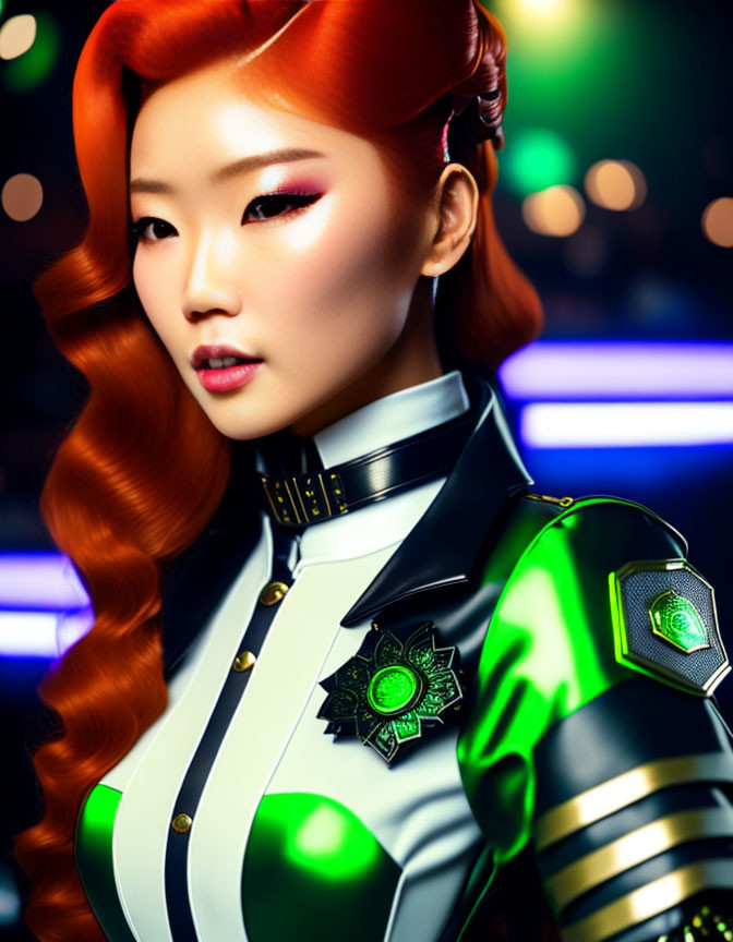Red-haired woman in futuristic uniform against neon backdrop