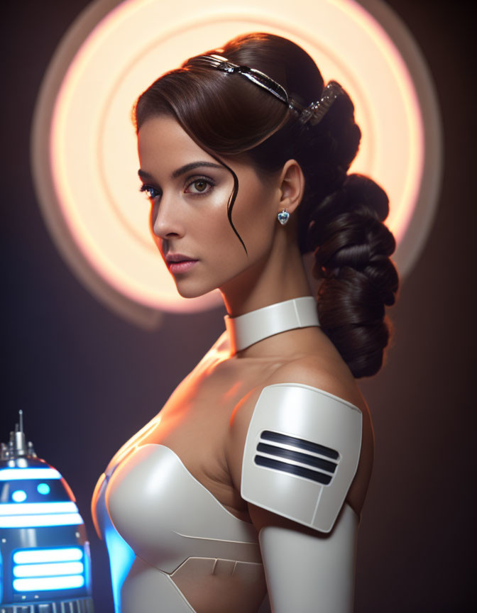 Sci-fi themed woman with elegant updo and futuristic attire beside robotic figure