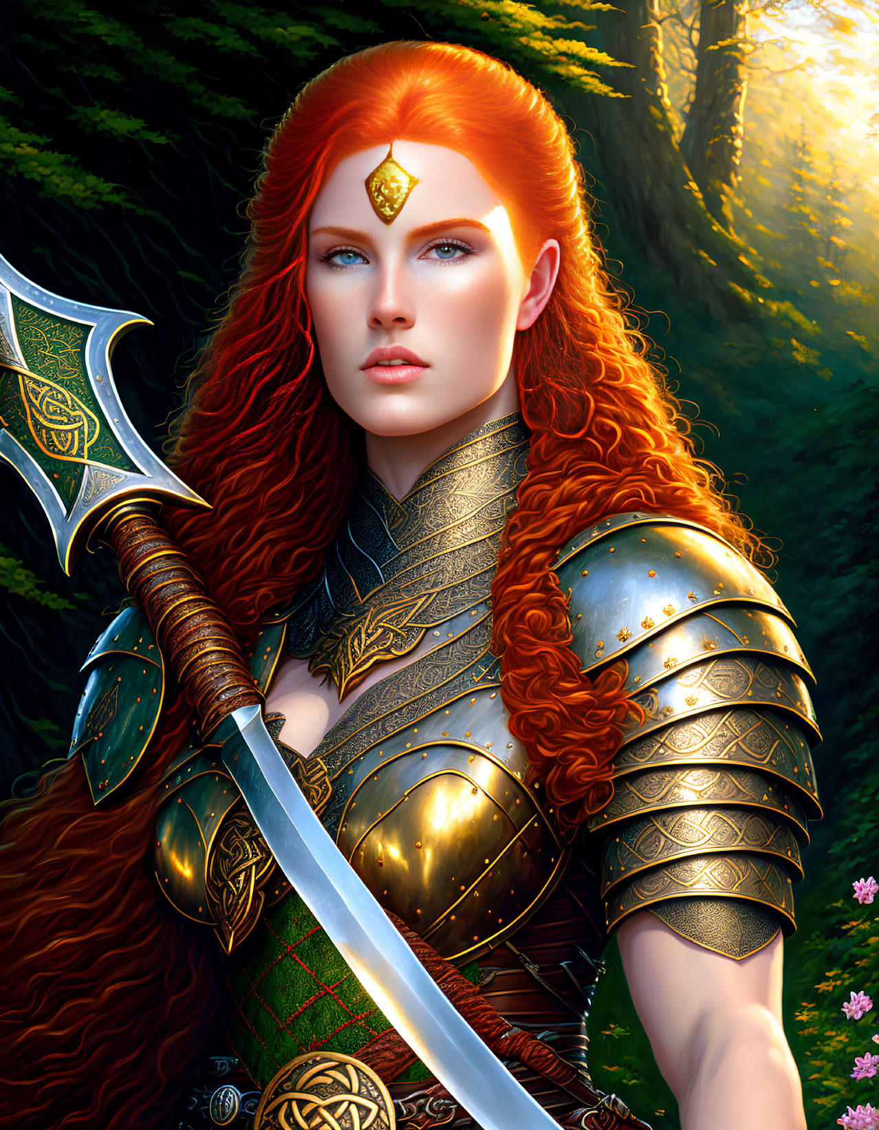 Red-Haired Warrior in Golden Armor with Axe and Sword in Sunlit Forest