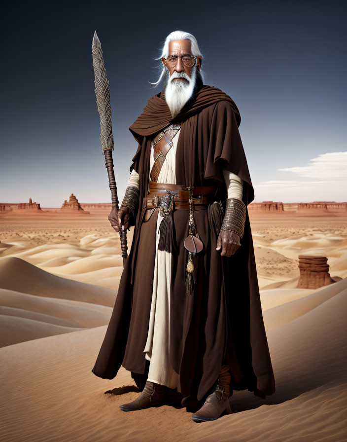 Elderly man with white hair in brown robes in desert landscape