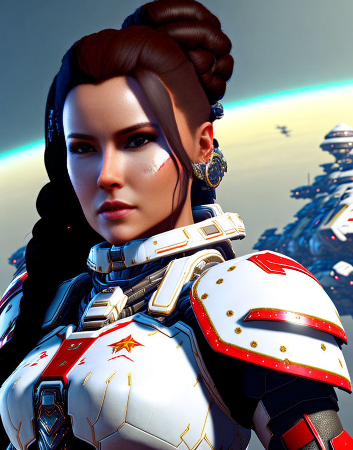 Futuristic armor woman portrait with detailed hair and earpiece in sci-fi setting