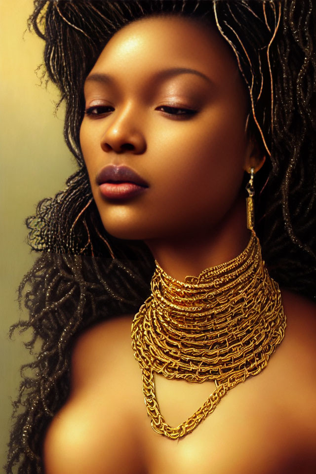 Portrait of Woman with Braided Hair and Gold Necklace