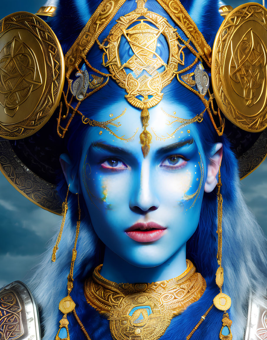 Fantasy female character with blue skin and gold headgear in cloudy sky setting