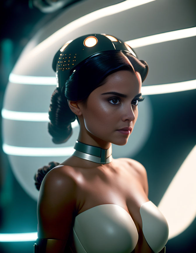 Futuristic female figure in sci-fi attire by circular light structure