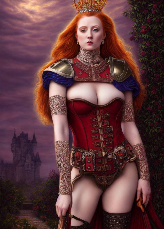 Fantasy digital artwork: Red-haired woman in armor with castle in purple sky