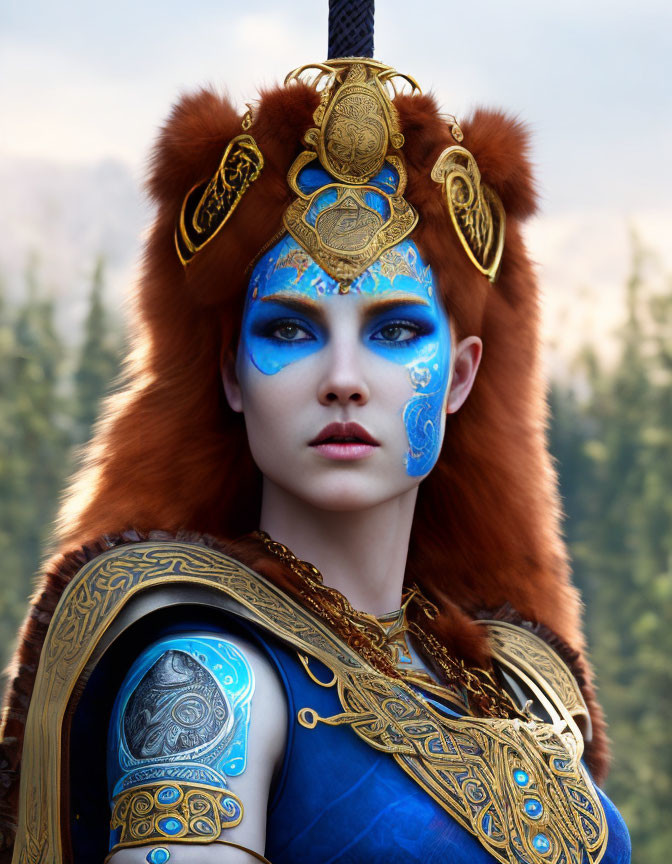 Woman in Blue Face Paint and Bear Headdress in Forest Setting