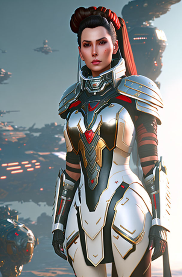 Female character in red and white futuristic armor with sci-fi background