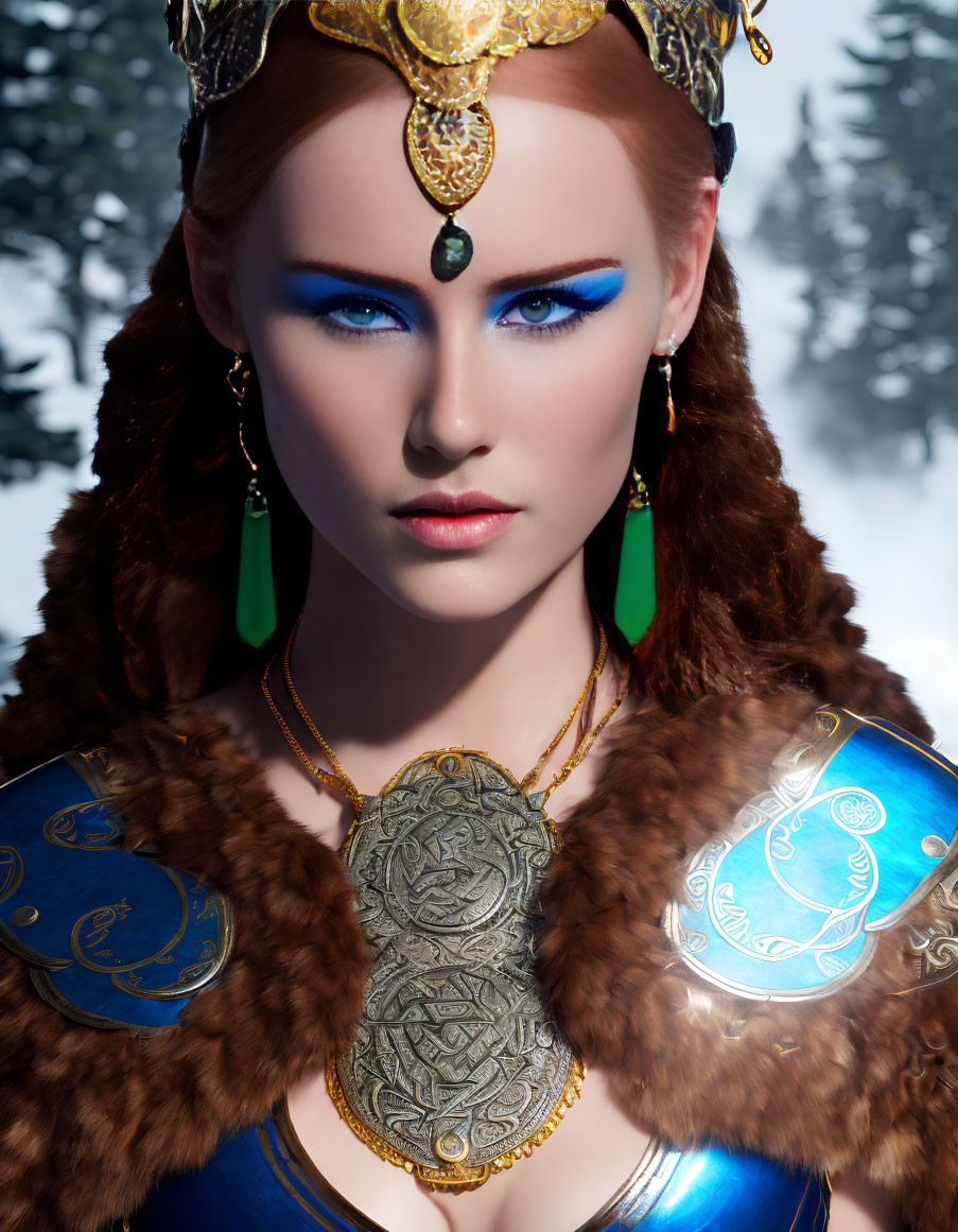 Blue-eyed woman in regal attire with golden headdress and armor in snowy forest.