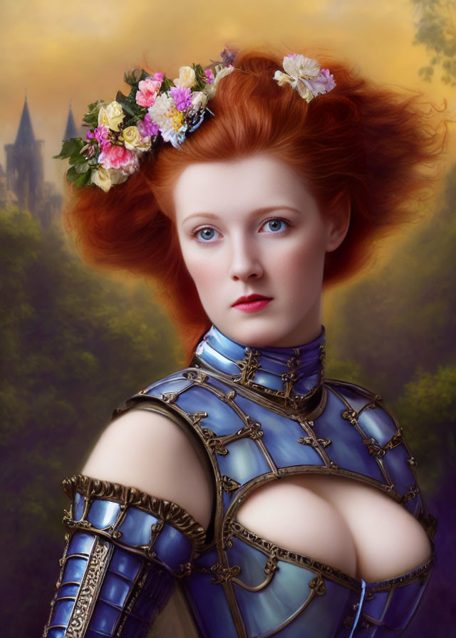 Vibrant red-haired woman in blue medieval armor with flower crown in digital artwork