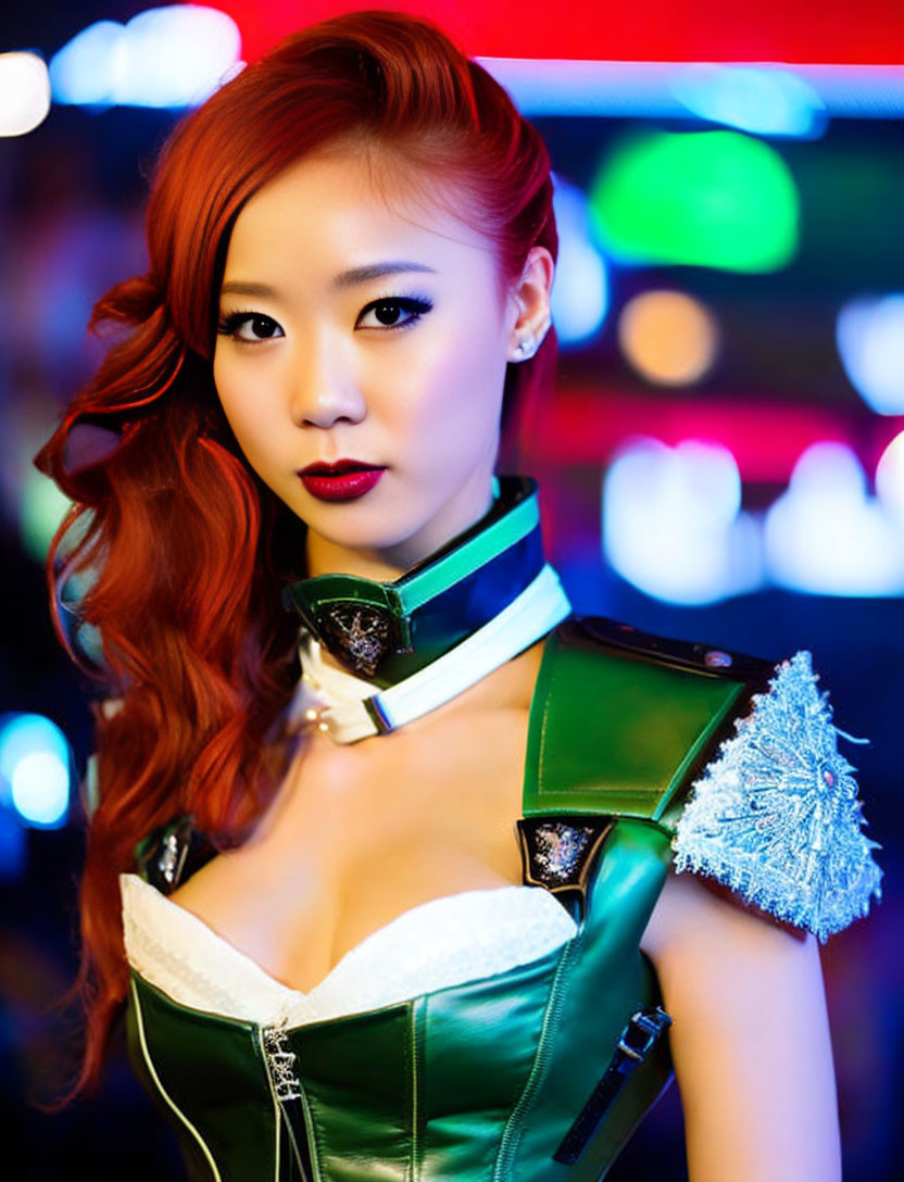 Red-Haired Woman in Green and White Outfit with Epaulette on Neon Light Background