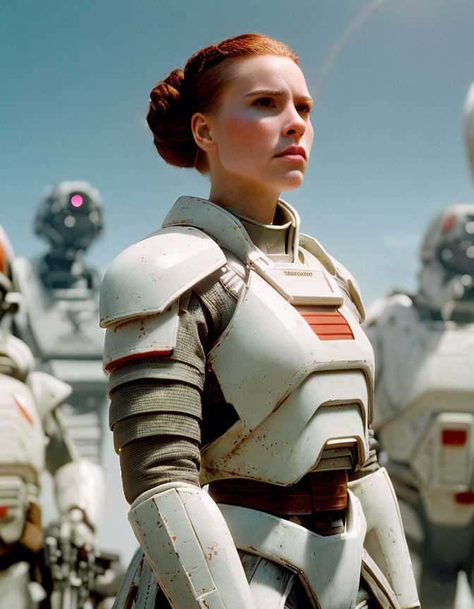 Woman in white futuristic armor with robotic figures on blue sky backdrop