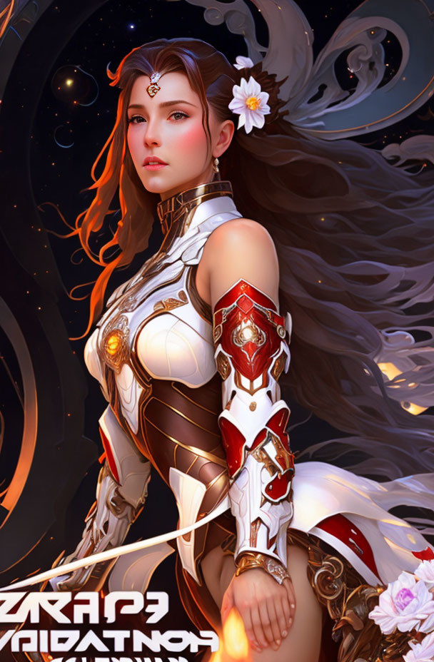 Female warrior digital artwork: ornate armor, flowing hair, starry backdrop