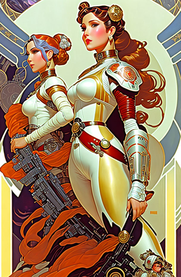 Stylized women in futuristic steampunk attire with weaponry and accessories.