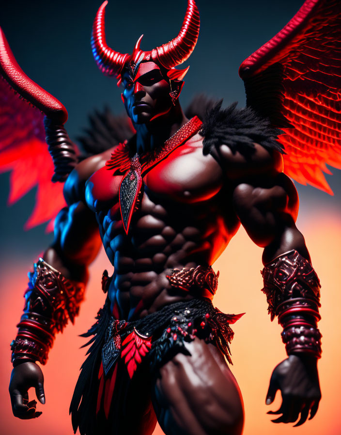 Muscular figure with horns and wings in intricate armor on red and blue backdrop