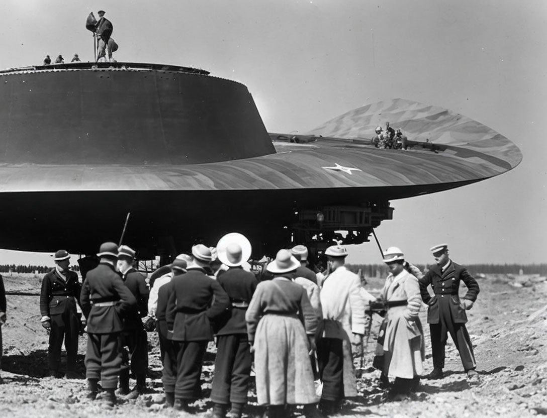 Vintage scene: People in early 20th-century attire view saucer-shaped military aircraft.